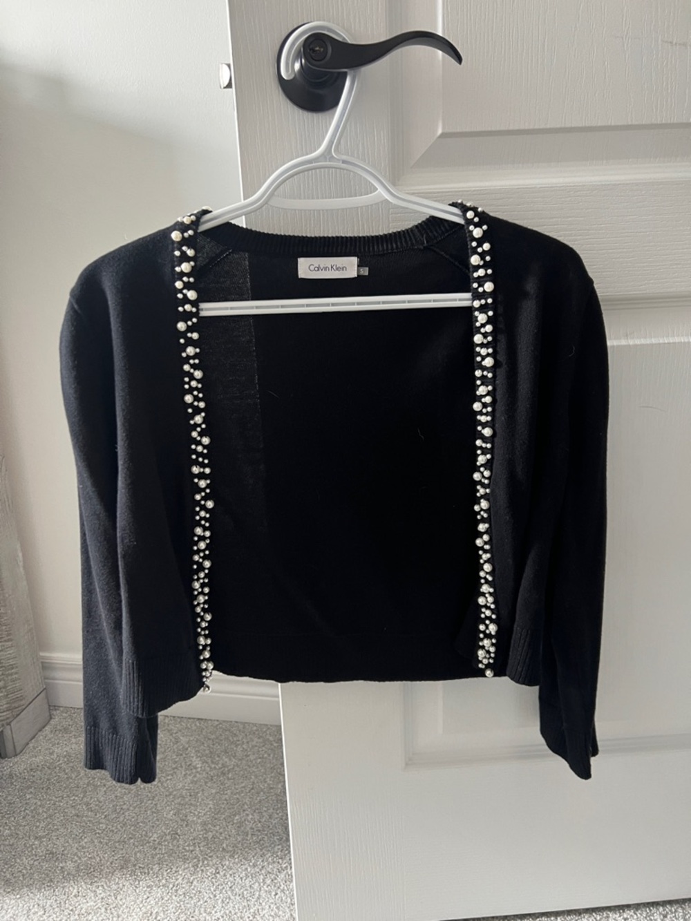Calvin Klein Black Pearl-Trim Cropped Cardigan